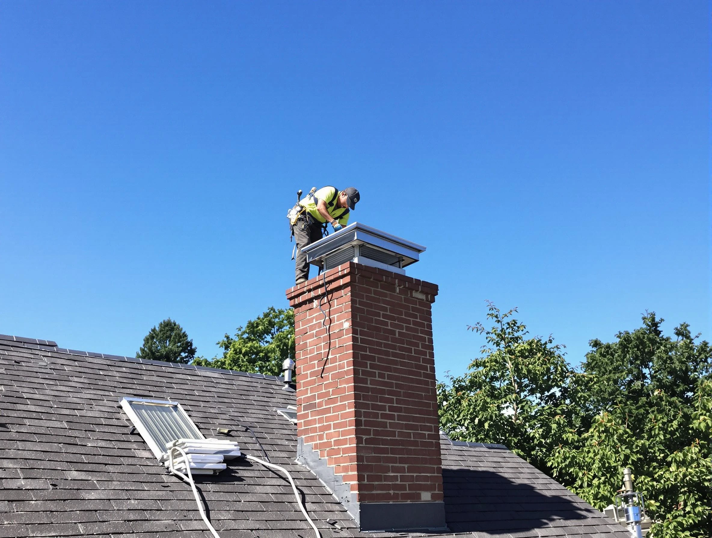 Ridgewood Chimney Sweep technician measuring a chimney cap in Ridgewood, NJ